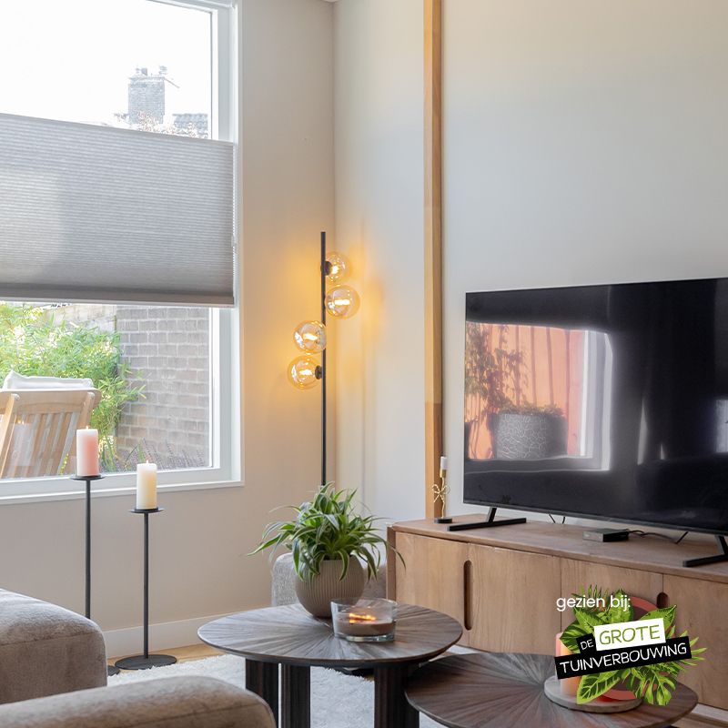 Designová stojací lampa jantarová, Remo, s vypínačem