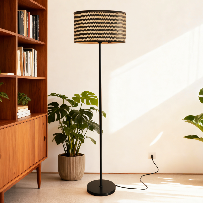 Bambusová stojací lampa černá, Jildau, s vypínačem