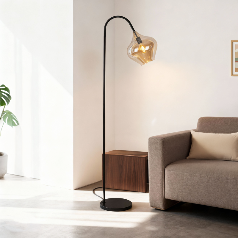 Designová stojací lampa jantarová, Sophia, s vypínačem