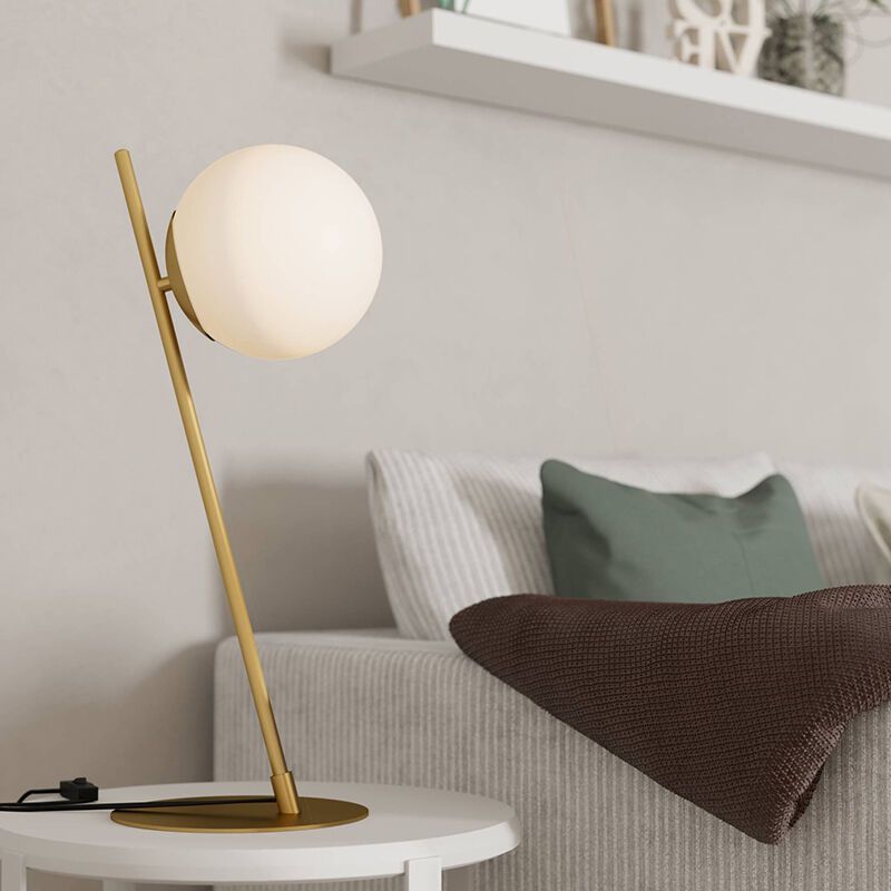 Skleněná moderní stolní lampa mosazná, Polly, s vypínačem