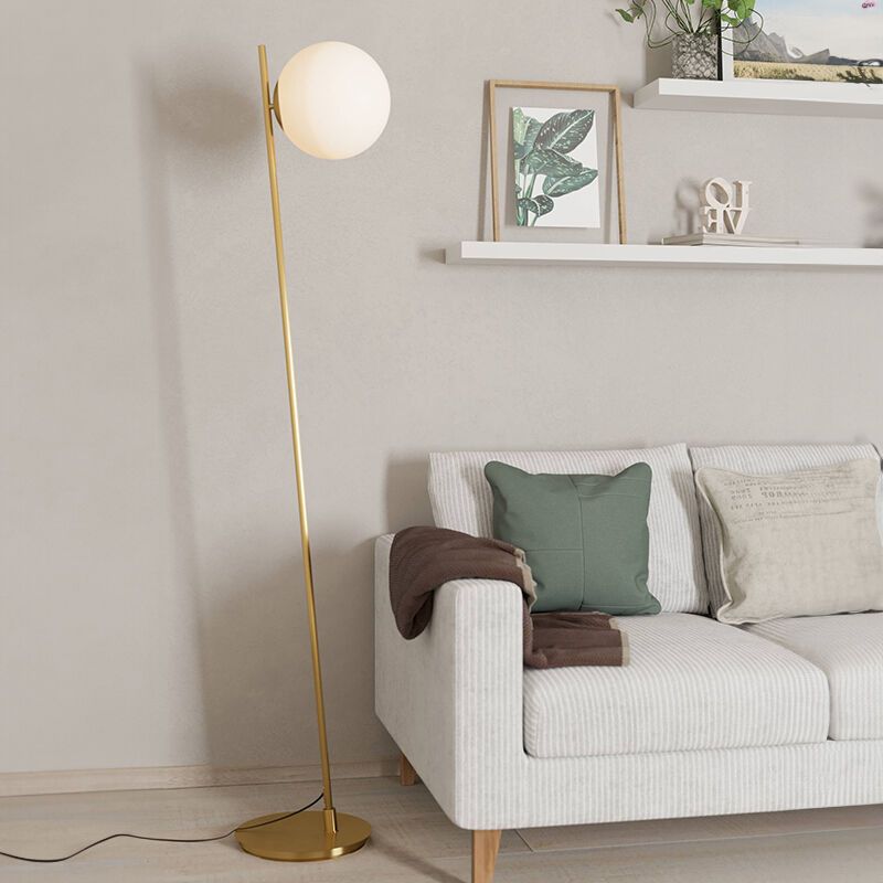 Skleněná moderní stojací lampa mosazná, Polly, s vypínačem