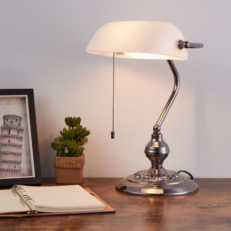 Ocelová klasická bankovní lampa niklová, Lugco, s tahovým vypínačem