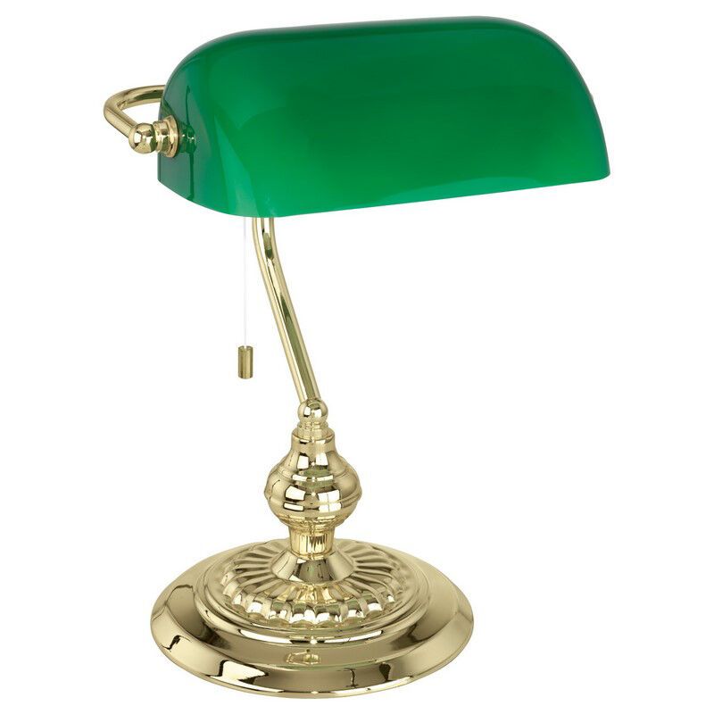 Skleněná klasická bankovní lampa zelená, Lugco, s tahovým vypínačem