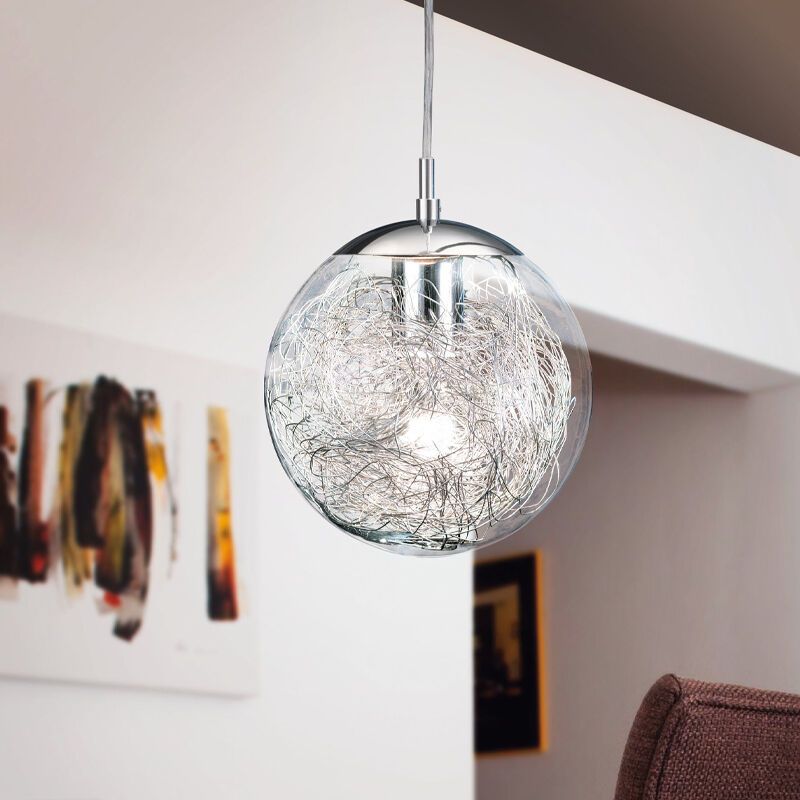 Skleněné designové závěsné světlo chromové, Zakria