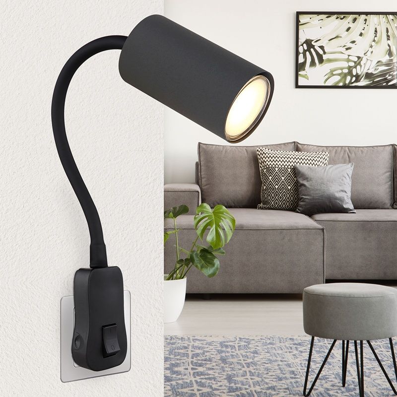 Kovová designová nástěnná lampa do zásuvky černá, Roelof, s vypínačem