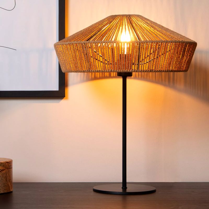 Ratanová stolní lampa dřevěná, Yunkai, s vypínačem