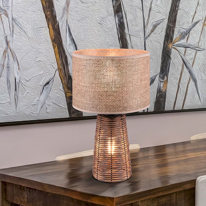 Ratanová stolní lampa hnědá, Fadila, s vypínačem