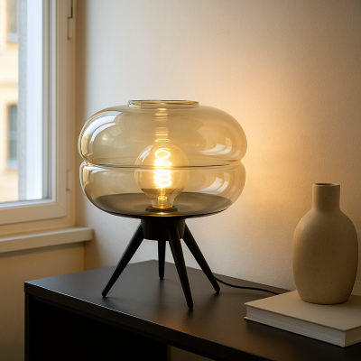 Retro stolní lampa jantarová, Sean, s vypínačem