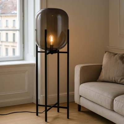 Skleněná stojací lampa šedá, Roxy, s vypínačem