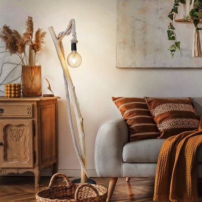 Provazová rustikální stojací lampa dřevěná, Naime, s vypínačem