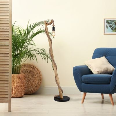 Provazová rustikální stojací lampa dřevěná, Udo, s vypínačem