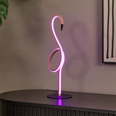 Růžová stolní lampa moderní, Flamingo, 5,5W, LED RGB, s dálkovým ovládáním